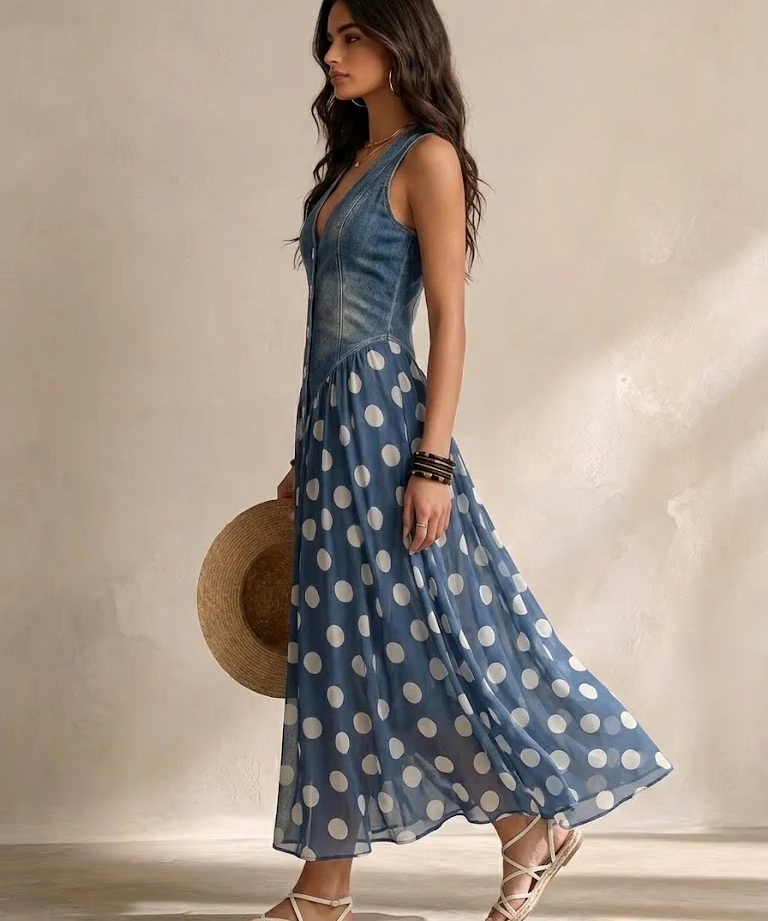 Eimear Denim Polka Dot Dress