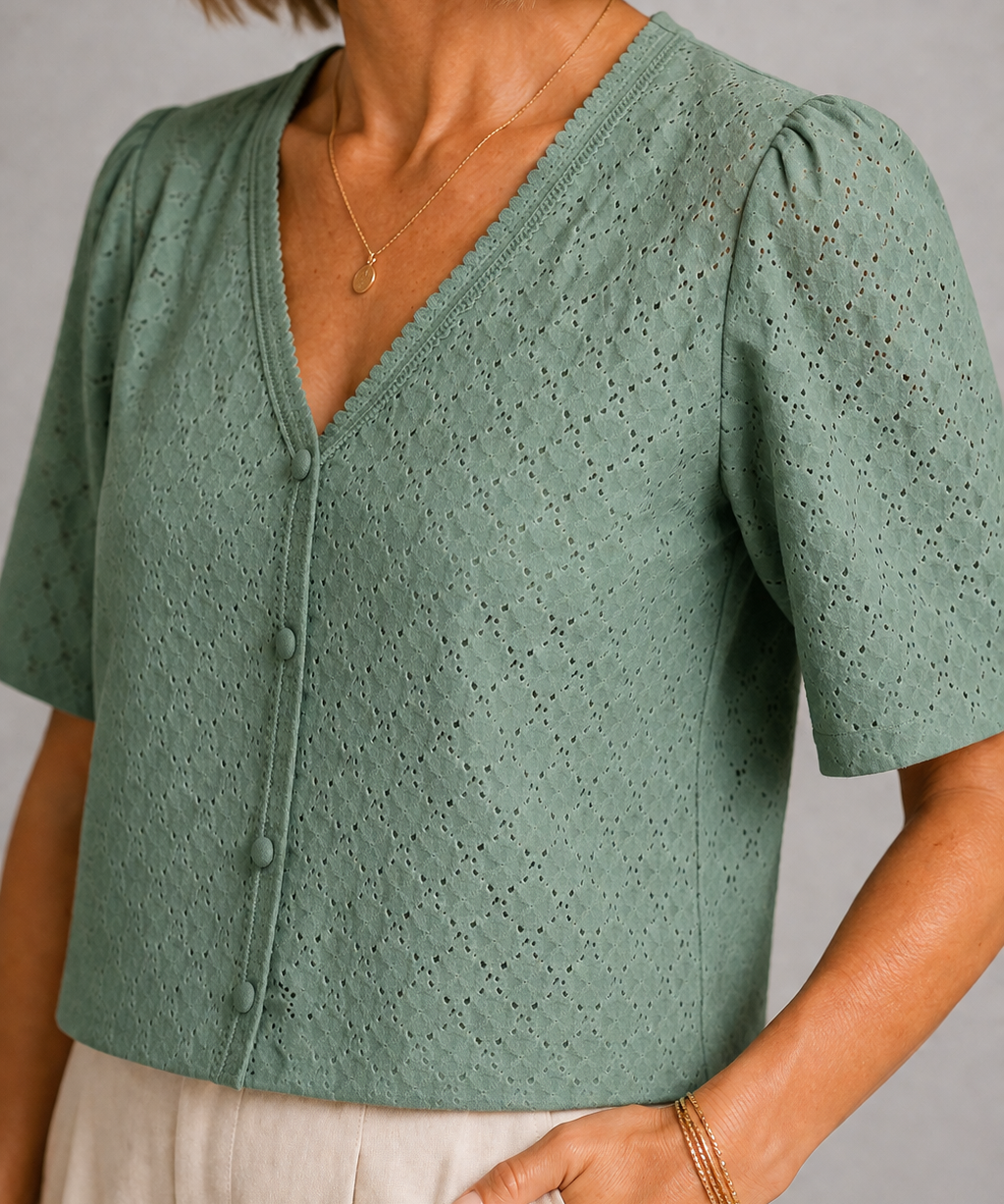 Jean Textured V-Neck Top